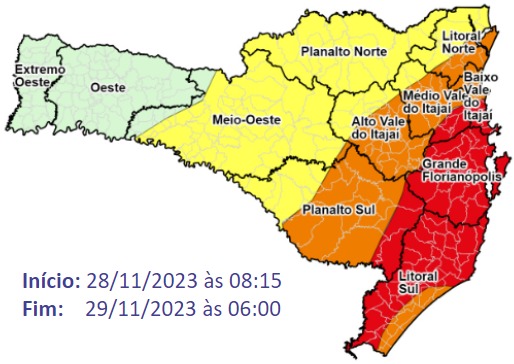 Alerta da Defesa Civil para regiões de Santa Catarina com mais ocorrência de chuvas nos próximos dias