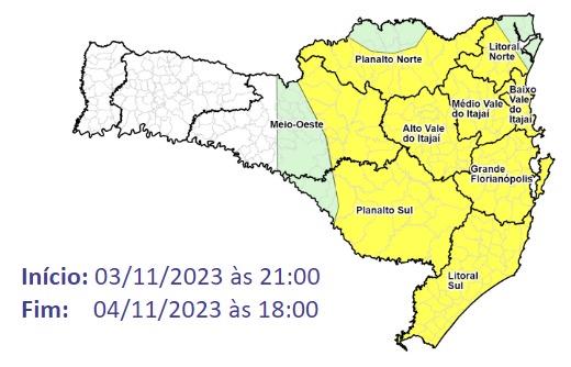 Mapa da Defesa Civil indicando áreas que mais devem ser afetadas por ciclone extratropical.