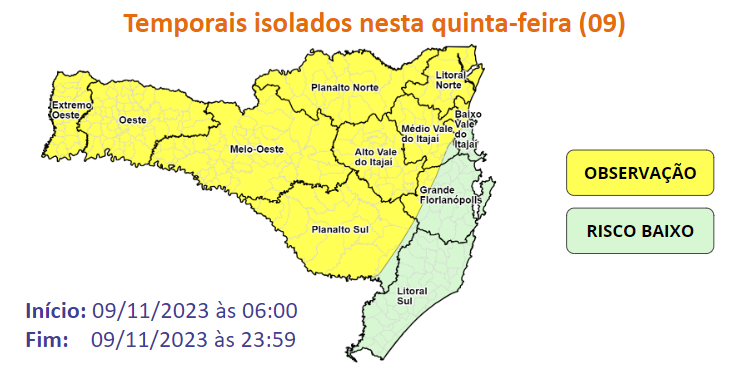 Alerta para ocorrências de temporais e chuvas em partes de Santa Catarina. &#8211; Foto: Defesa Civil/Divulgação/ND