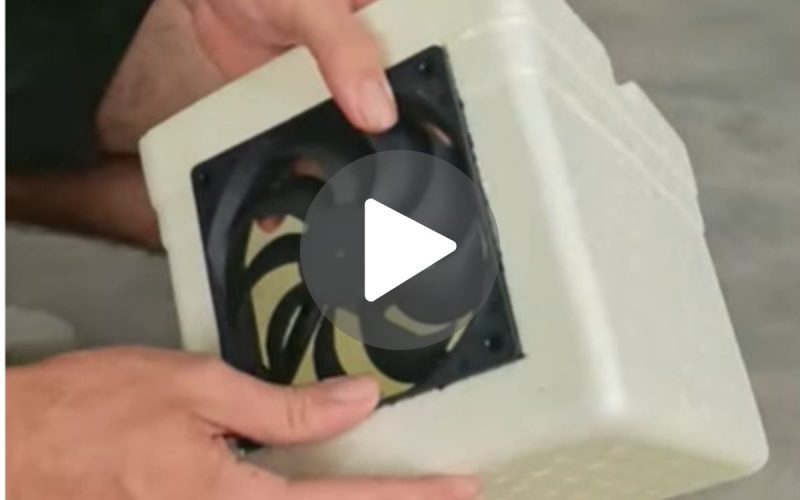 Frame de vídeo ensinando a fazer um ar-condicionado caseiro, somente com isopor e um cooler