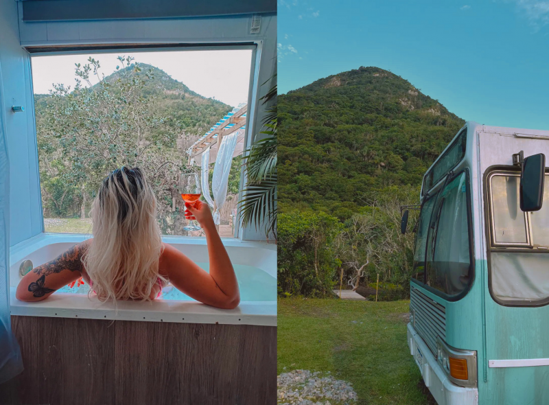 Banheira com vista e cinema estelar: o ônibus-casa que conquista corações em Florianópolis