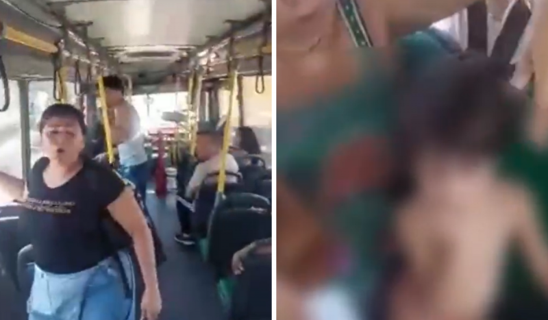 Fotomontagem com mulher gritando e ao lado a foto do filho dela com rosto borrado