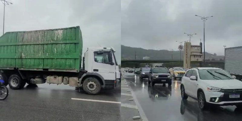 Caminh&atilde;o com problemas mec&acirc;nicos trava o tr&acirc;nsito na sa&iacute;da de Florian&oacute;polis. – Foto: GMF/Divulga&ccedil;&atilde;oND