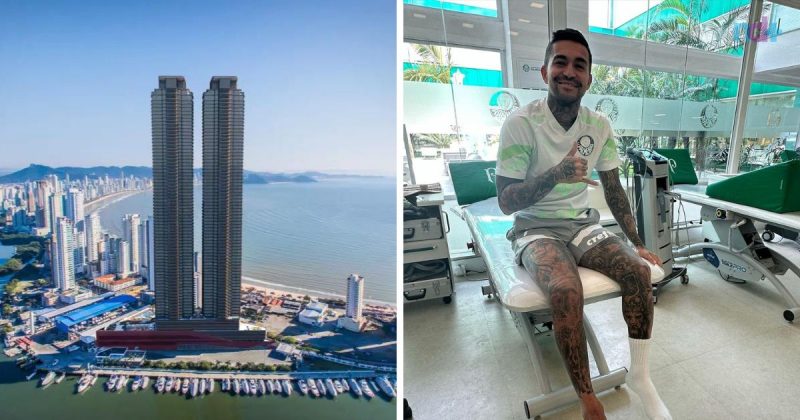 Fotomontagem mostra fachada do "prédio de Neymar" em Balneário Camboriú e Dudu, atacante do Palmeiras