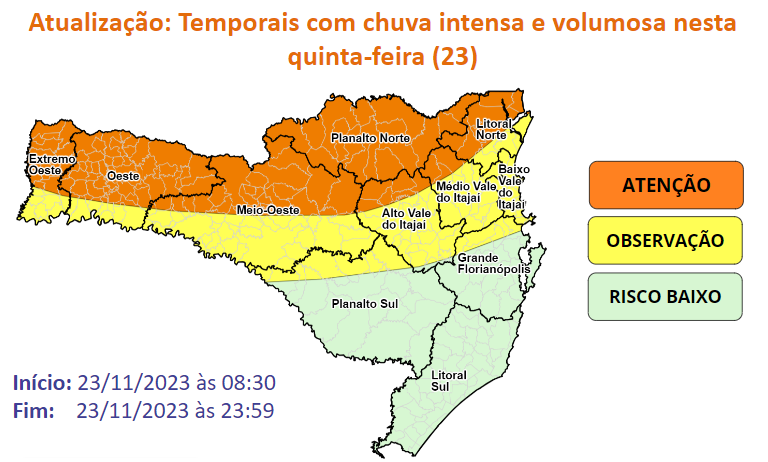 Na imagem aparece o mapa de Santa Catarina com as regiões afetadas pela passagem da frente fria sobre o Estado.