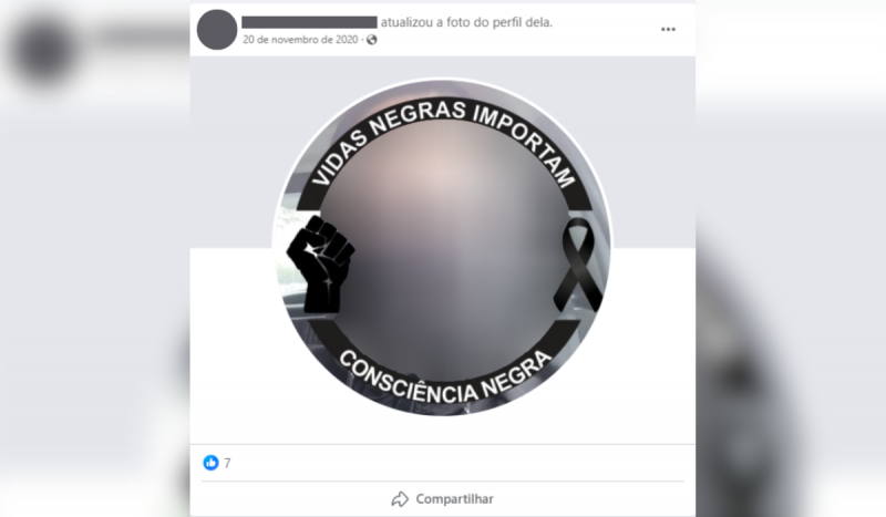 Print de foto de perfil com filtro antirracista escrito: "Vidas Negras Importam" e "Consciência Negra"