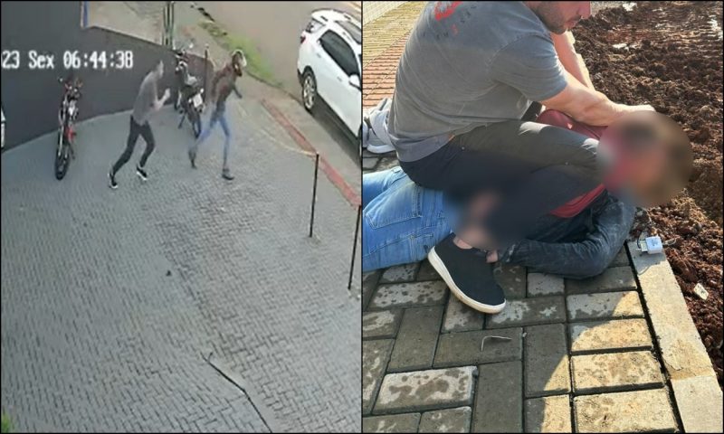 Pastor Tiago Brum imobiliza o ladr&atilde;o que tentou furtar a moto de um fiel em frente &agrave; igreja em Chapec&oacute; &mdash; Foto: Reprodu&ccedil;&atilde;o/ND