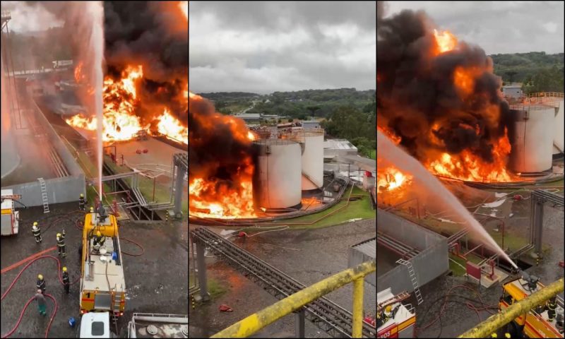 Ningu&eacute;m se feriu no incidente, mas a fuma&ccedil;a &eacute; densa, escura e t&oacute;xica, e pode afetar outras cidades da regi&atilde;o – Foto: Reprodu&ccedil;&atilde;o/Corpo de Bombeiros/ND