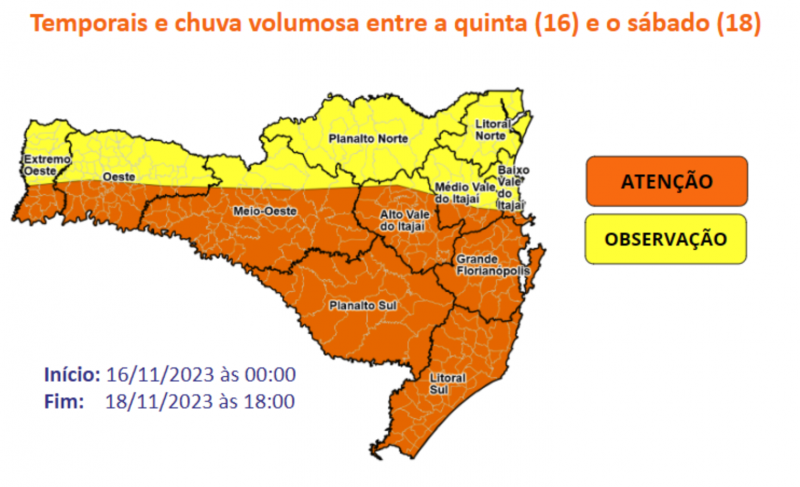 Defesa Civil prevê temporais entre quinta e sábado