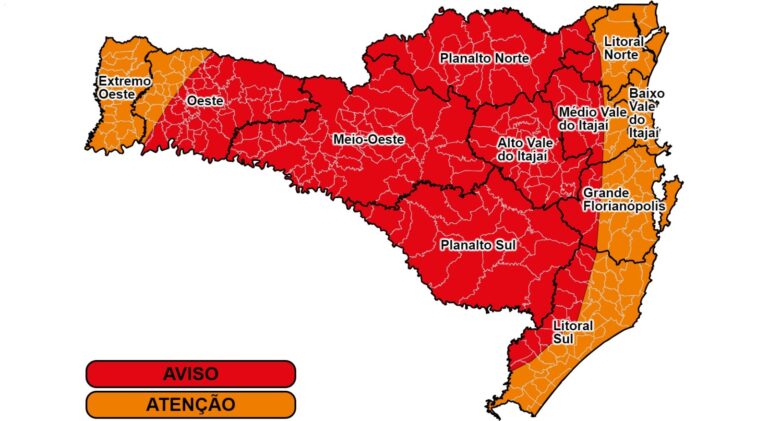 Mapa da Defesa Civil mostra risco de deslizamentos e chuvas fortes em regiões de Santa Catarina