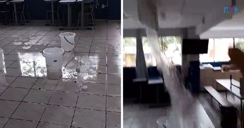 Escolas de Balneário Camboriú enfrentam problemas com goteiras de vazamentos causados pela chuva e problemas no telhado, baldes estão espalhados pelo chão molhado