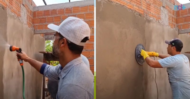 Na fotomontagem, pedreiro mostra como finalizar reboco de parede