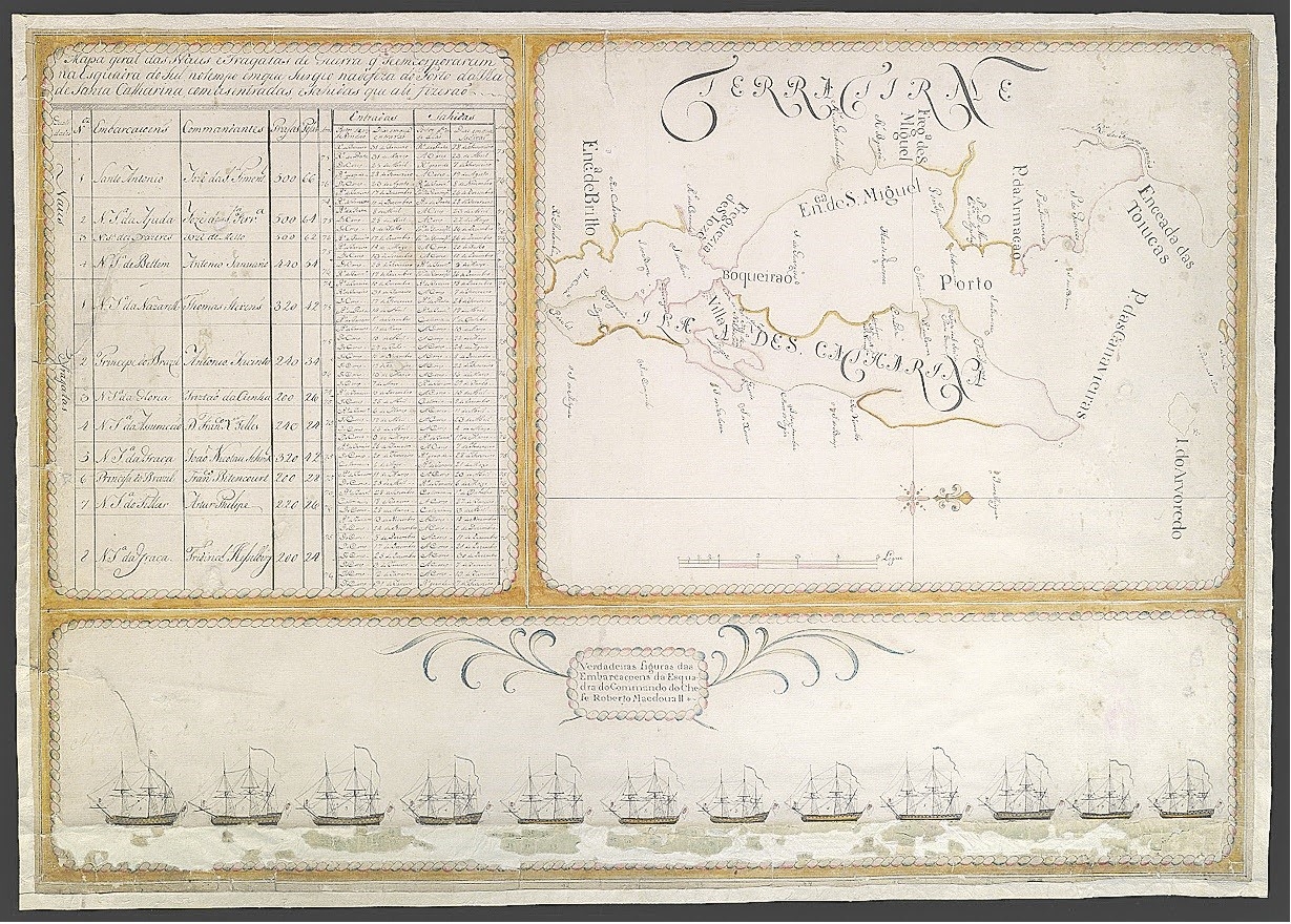 na foto aparece uma ilustração de um documento antigo com mapa da Ilha de Santa Catarina no período das caravelas.