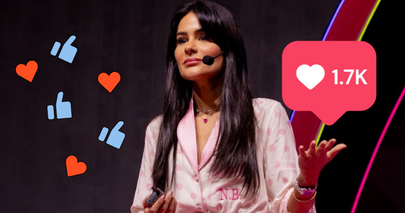 Montagem da Natalia Beauty segurando likes do Instagram 