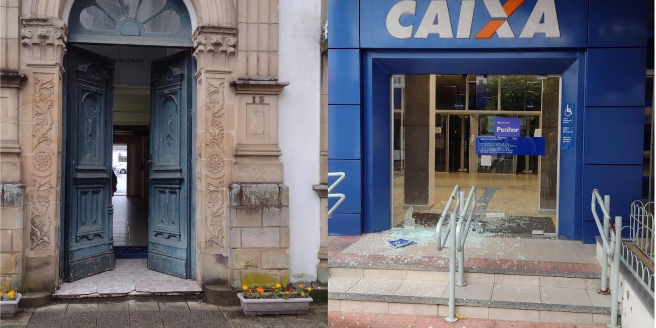 Na foto, da esquerda para a direita aparece a porta da prefeitura Municipal de Lages que foi depredada por um homem e na foto ao lado a vidraça de uma agência da Caixa Econômica que foi quebrada pelo mesmo homem.