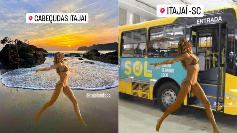 Gisele Bündchen aparece em Cabeçudas, mas foto é montagem feita por internautas; à direita, ela foi colocada em frente ao ônibus de transporte coletivo da cidade