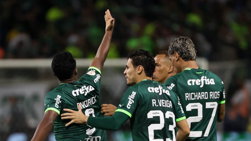 Endrick comemora um dos gols do Palmeiras na goleada sobre o América-MG