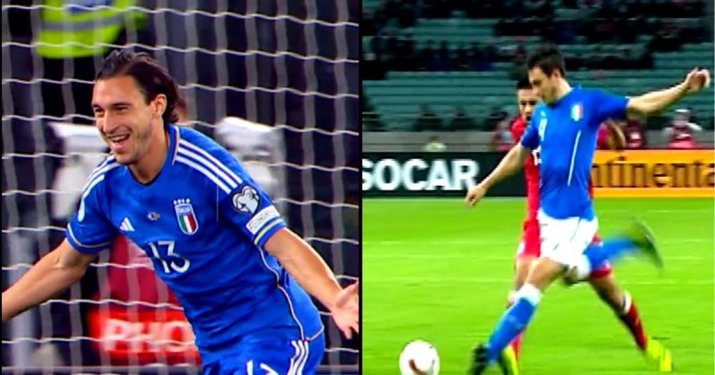 Fotomontagem mostra o jogador da Itália Matteo Darmian comemorando gol em 2023 e em 2015