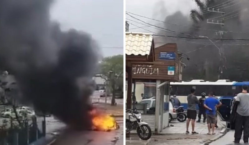 Fotomontagem com duas fotos sobre protesto com incêndio na comunidade do Siri, no bairro Ingleses