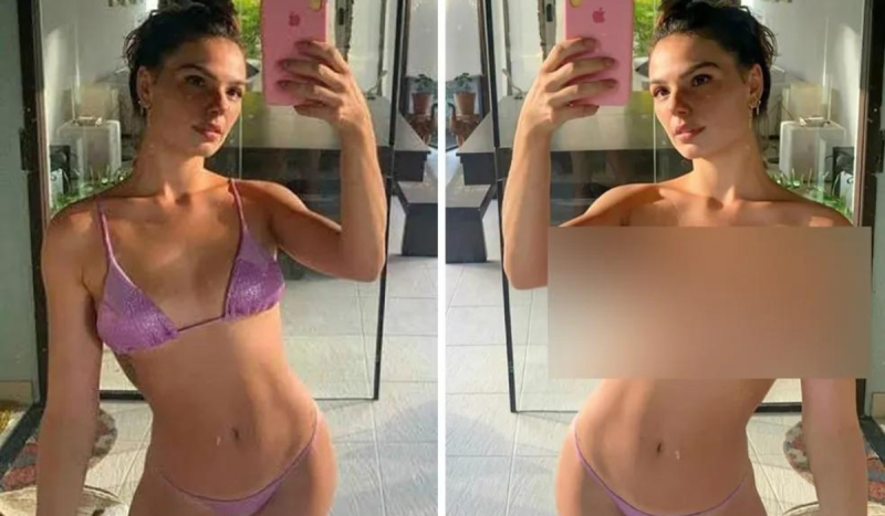 Photo montage with actress Isis Valverde taking a photo in the mirror.  On the left is the original photo of the actress in a bikini, and on the right is a photo processed by artificial intelligence, as if the actress is naked.