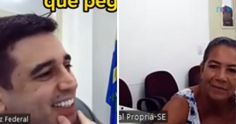 Fotomontagem mostra magistrado e aposentada durante audiência de aposentadoria