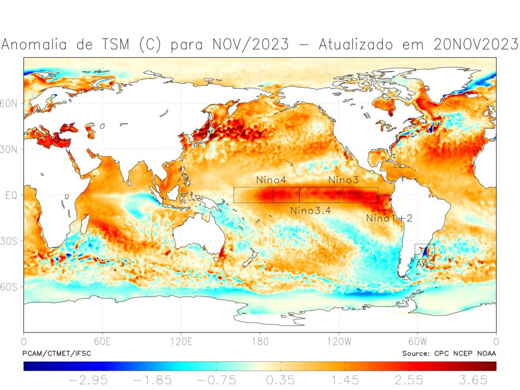 Na foto aparece o mapa mundi em satélite com a atuação do El Niño no Oceano Pacífico.