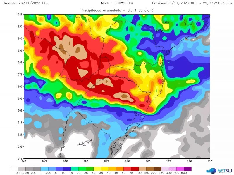 Mapa apresenta as instabilidades para o Sul do Brasil. – Foto: MetSul Meteorologia/Divulga&ccedil;&atilde;o/ND
