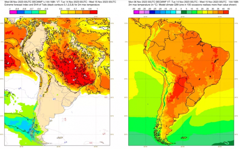 Mapa meteorológico mostra previsão de onda de calor para 14 de novembro