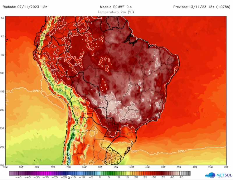 Mapa meteorológico mostra previsão de onda de calor para 13 de novembro