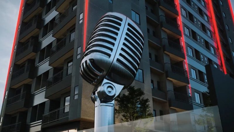 Microfone gigante na entrada do Rolling Stone Building, que se erguirá em Porto Belo