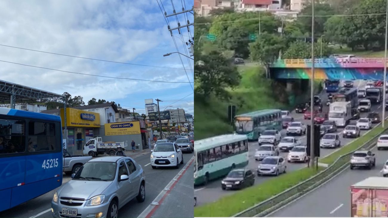 O tr&acirc;nsito para os condutores que se deslocam at&eacute; o Centro de Florian&oacute;polis apresenta alguns pontos com lentid&atilde;o e fluxo intenso, em especial, na rua Deputado Ant&ocirc;nio Edu Vieira. – Foto: Montagem/GMF/Divulga&ccedil;&atilde;o/ND