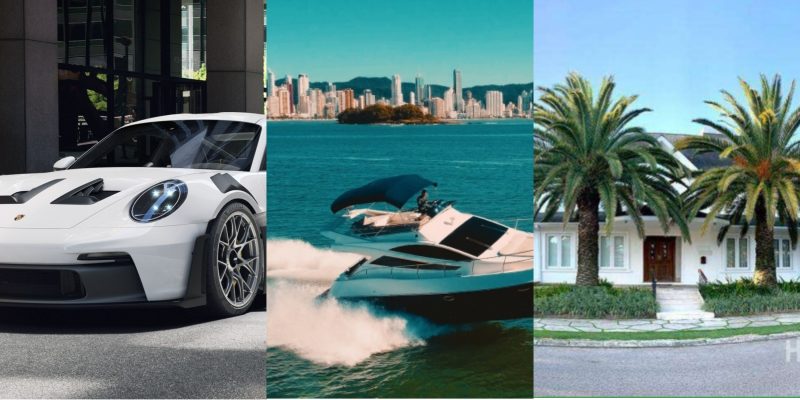 Com o grande pr&ecirc;mio da Mega-Sena &eacute; poss&iacute;vel comprar carro de luxo, iates, mans&atilde;o e muito mais. – Foto: Montagem/Divulga&ccedil;&atilde;o/ND