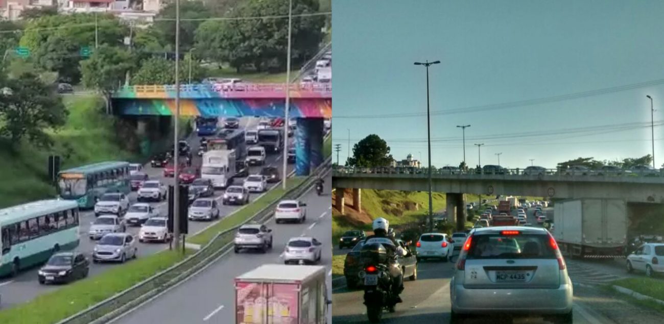 na foto da esquerda aparece trânsito intenso na entrada da Ilha de Florianópolis na foto ao lado filas de carros para acessar a ponte Pedro Ivos Campos.