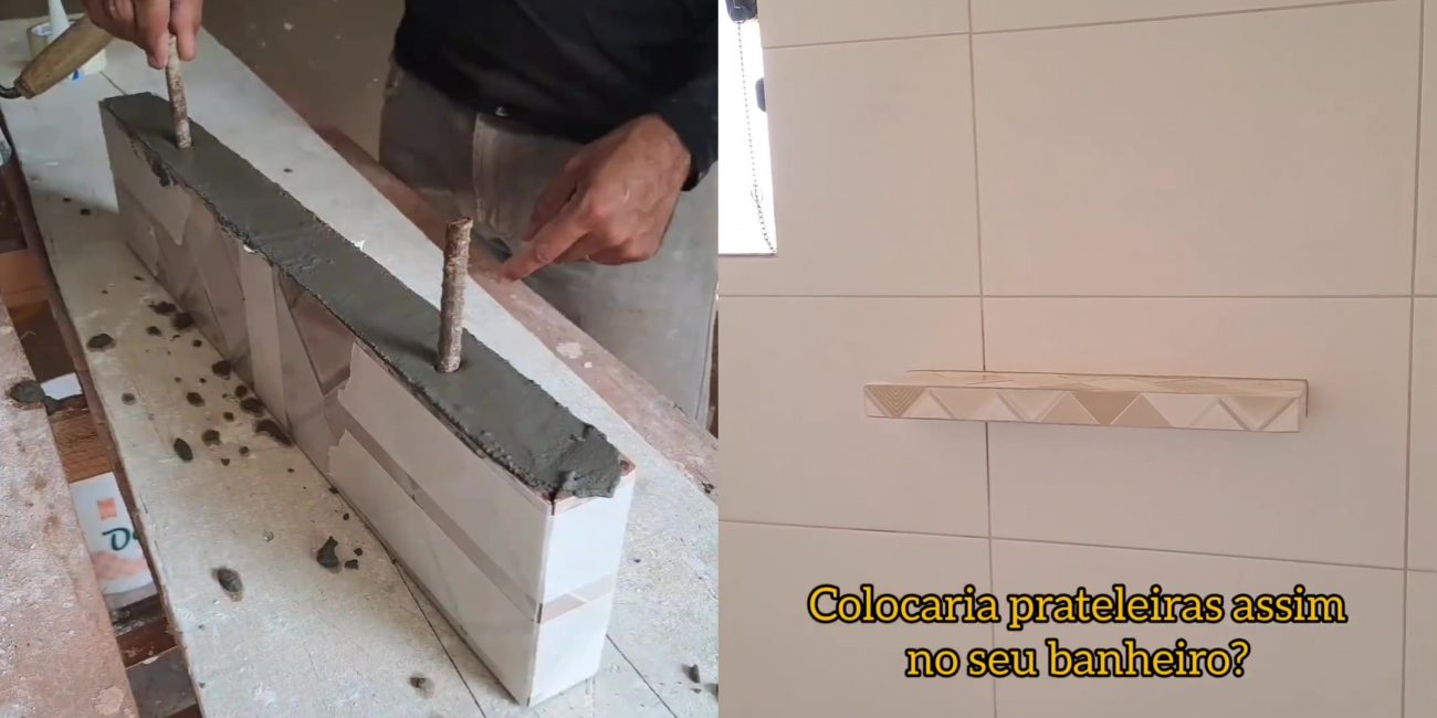 Na imagem aparece um pedreiro aplicando massa de cimento em um molde feito de cerâmica para colocar no banheiro, a imagem ao lado mostra o processo concluído e a prateleira instalada.