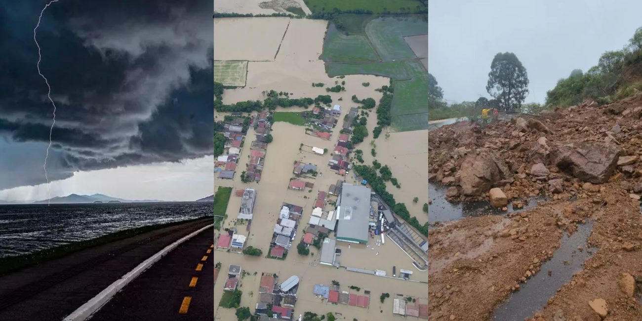 Na imagem aparece da esquerda para direita um temporal com chuvas volumosas, na imagem ao lado aparece enchentes em Pouso Redondo e na última aparece queda de barreiras em Urubici.