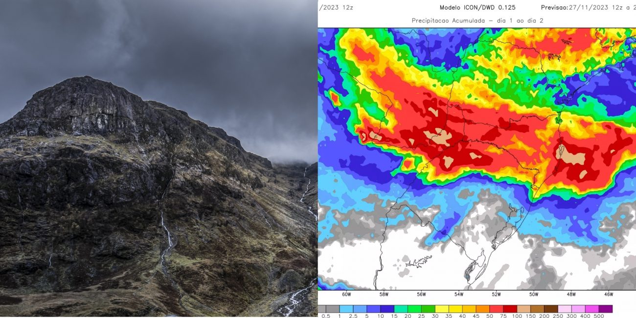 Na imagem aparece uma montanha coberta pelo efeito da chuva orográfica e na imagem ao lado aparece uma ilustração de satélite com chuvas em Santa Catarina.