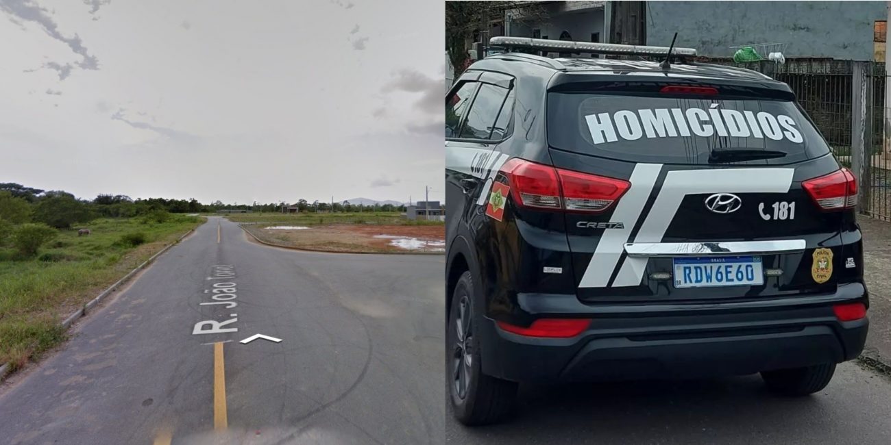 Na foto aparece o local próximo de onde foi localizado o corpo do jovem em palhoça, na foto ao lado aparece uma viatura da Polícia Civil escrito homicídios no vidro traseito. 