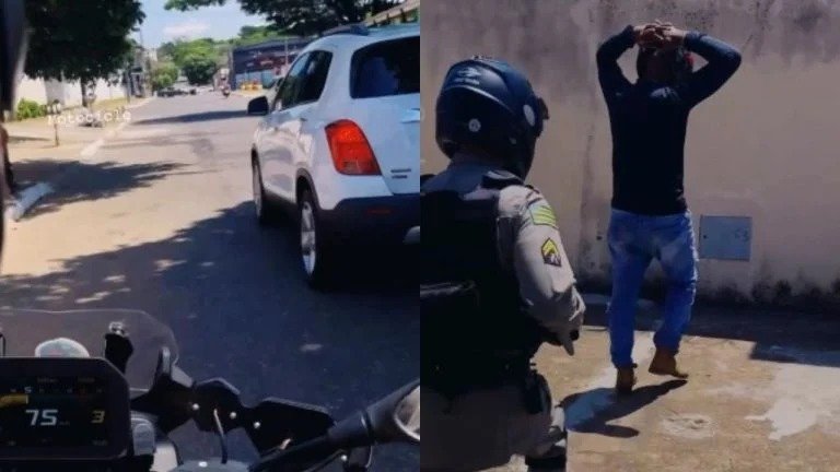 Um v&iacute;deo mostra o momento em que os policiais conseguem abordar o motociclista que fugiu de uma blitz em Goi&acirc;nia. – Foto: Reprodu&ccedil;&atilde;o/ND