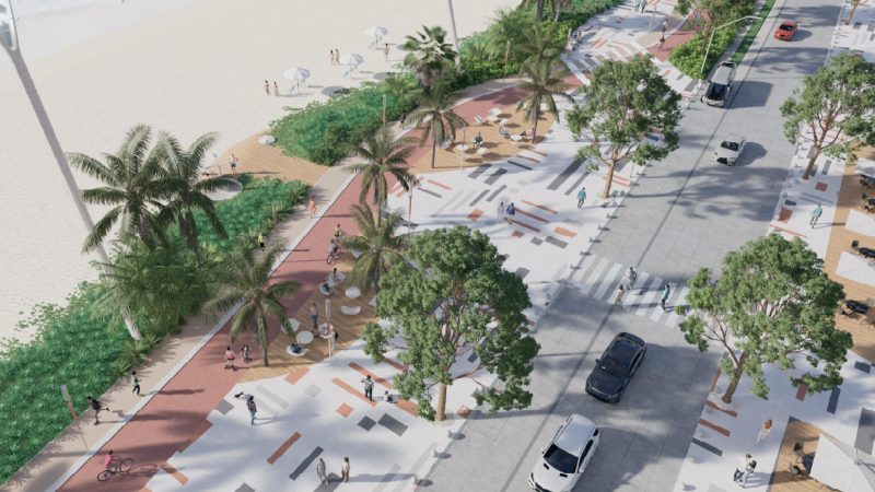 Imagem em 3D aérea mostra como orla da praia Central de Balneário Camboriú ficará após concluída 