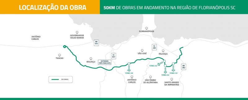Tra&ccedil;ado da obra do Contorno Vi&aacute;rio da Grande Florian&oacute;polis. – Foto: Arteris Litoral Sul/Divulga&ccedil;&atilde;o/ND
