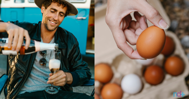 In the first image, a man pours champagne into a glass goblet;  in the second image, a woman's hand is holding an egg.