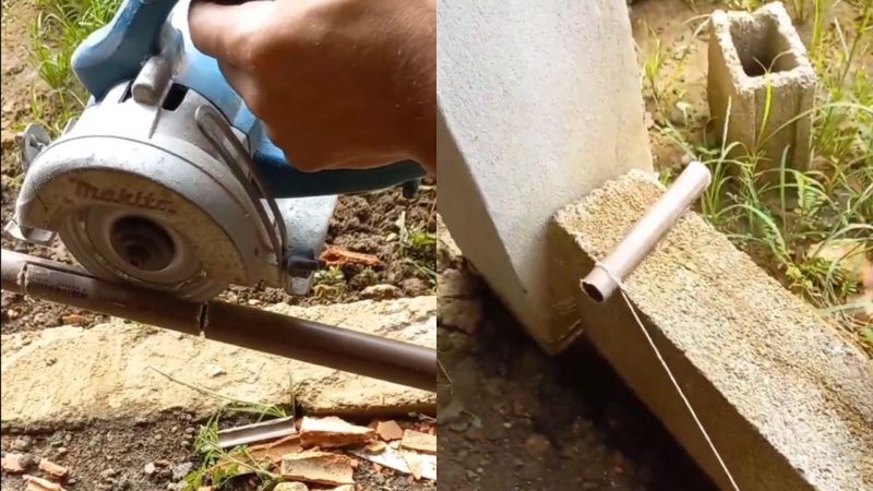 Pedreiro cortando cano com makita