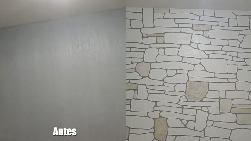 Parede antes e depois da decoração do pedreiro gênio