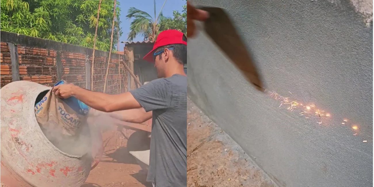 Na imagem aparece um pedreiro colocando materiais de construção na betoneira e criar um reboco super resistente.
