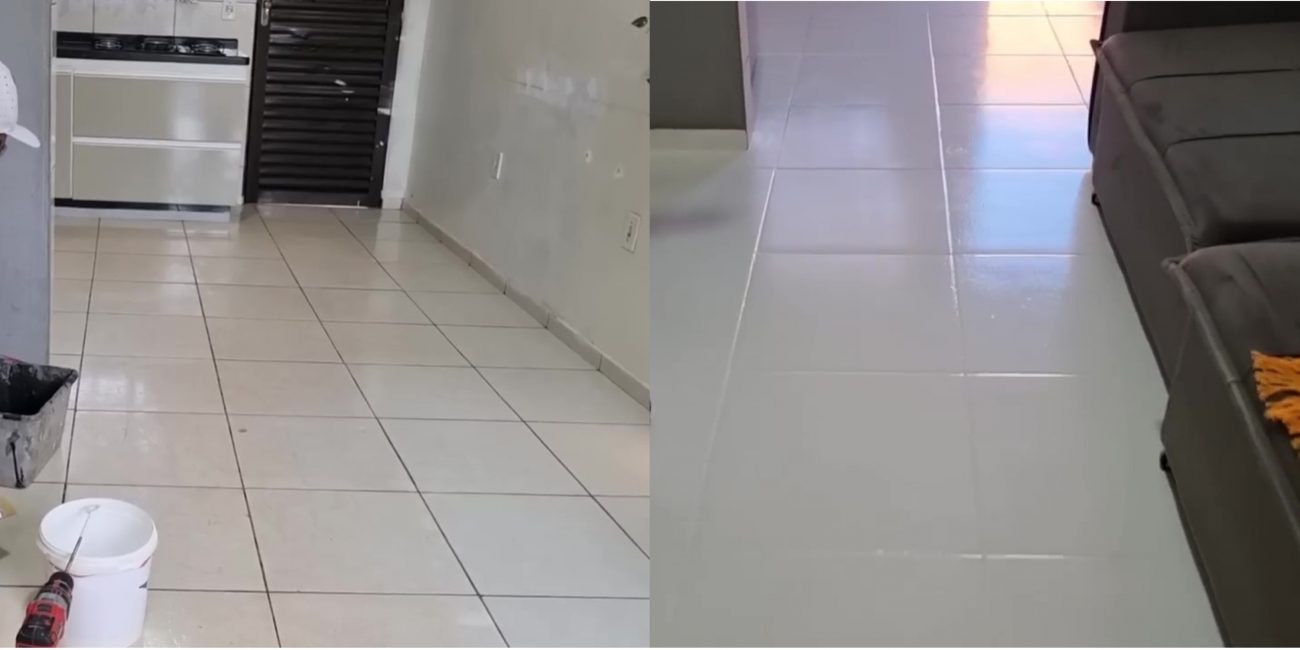 Na foto da esquerda mostra o pedreiro começando o trabalho para renovar o piso de uma casa sem gastar muito. Na foto da direita aparece o resultado final.