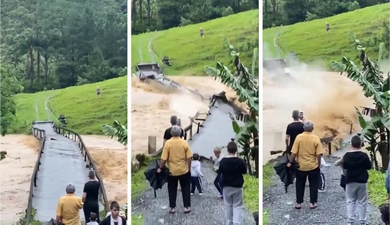 Imagens impressionantes foram feitas em Vidal Ramos neste final de semana; por sorte, ningu&eacute;m se feriu com a queda da ponte – Foto: Redes Sociais/Divulga&ccedil;&atilde;o/ND