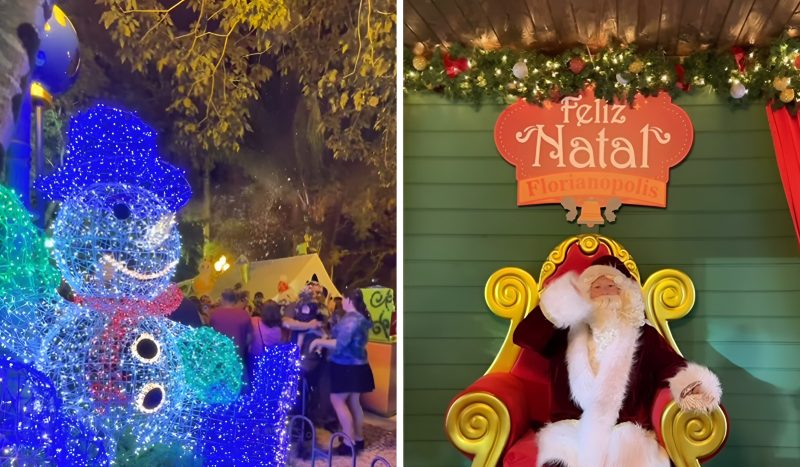 Fotomontagem com boneco de neve na foto á esquerda e outra do papai Noel na foto à direita, para ilustrar uma matéria sobre Programação de natal gratuita em Florianópolis