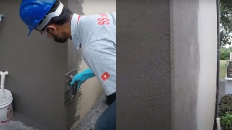 Pedreiro rebocando quina com desempenadeira e foto da quina 