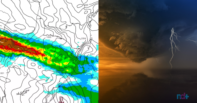 Foto de uma mapa do tempo com uma tempestade de raios 