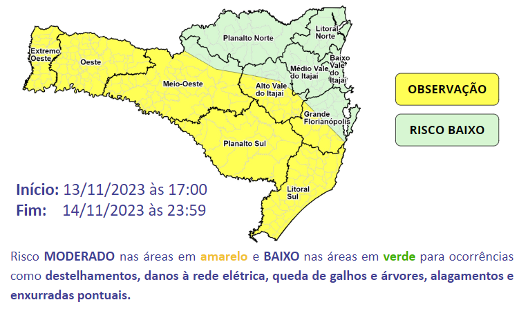 O risco &eacute; moderado a alto para destelhamento, alagamentos e enxurradas nas &aacute;reas em amarelo do mapa – Foto: Defesa Civil/Divulga&ccedil;&atilde;o/ND